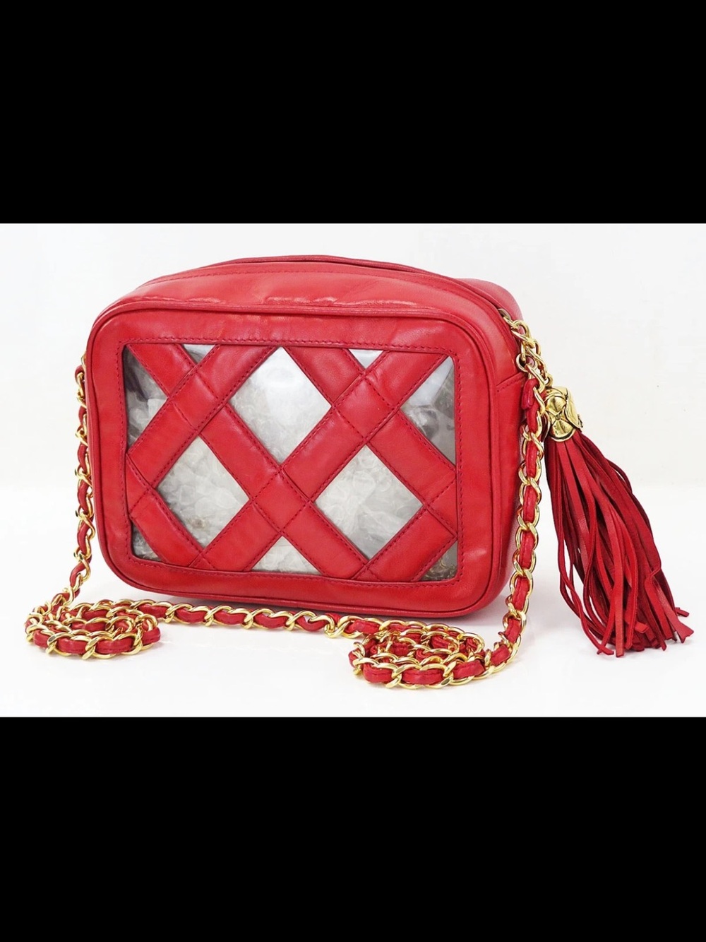CHANEL Red Leather Crossbody Bag with Gold Chain and Tassel